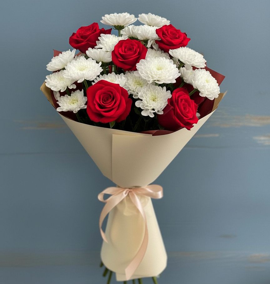 Букет романтическая гармония в Знаменке Тамбовской области Букет цветов из: Розы и Хризантемы в Знаменке Тамбовской области