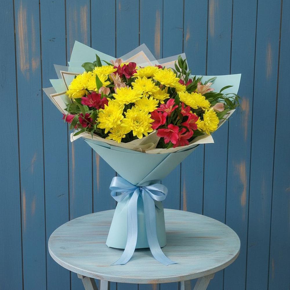 Букет сочные брызги в Знаменке Тамбовской области Букет цветов из: Альстромерии и Хризантемы в Знаменке Тамбовской области