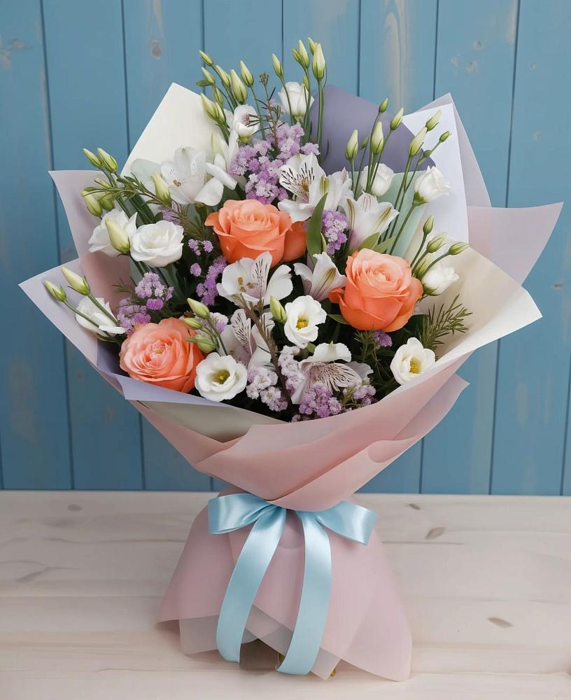 Букет цветов из: Лизиантусы, Розы, Альстромерии и Гипсофила в Знаменке Тамбовской области