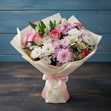 Букет Розовое очарование в Знаменке Тамбовской области Букет цветов из:  Хризантемы, Альстромерии и Розы в Знаменке Тамбовской области